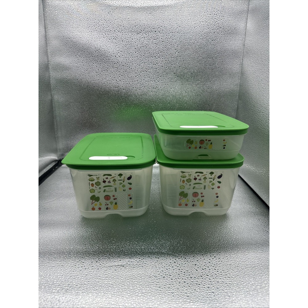 Tupperware FridgeSmart Container Set of 3 Green Lids Produce Keeper 1.8 L 4.4 L